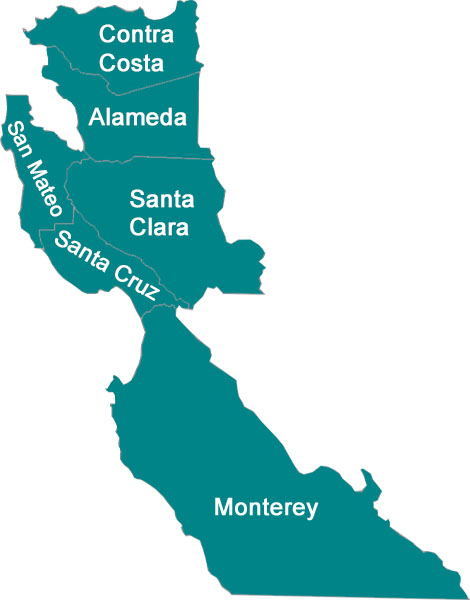 Map Showing Contra Costa, Alameda, Santa Clara, San Mateo, Santa Cruz, And Monterey